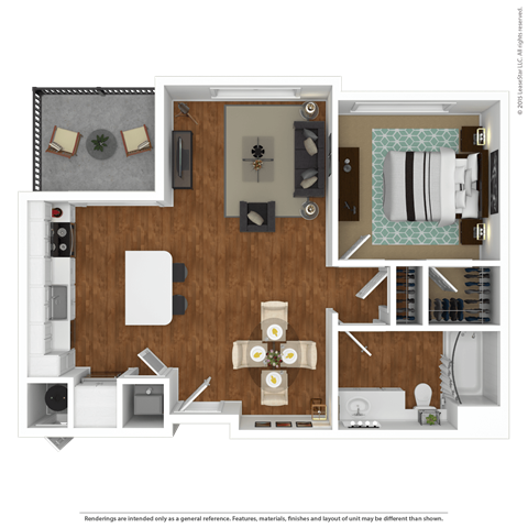 Floor plan for 1 bed, 1 bath, 748 sqft